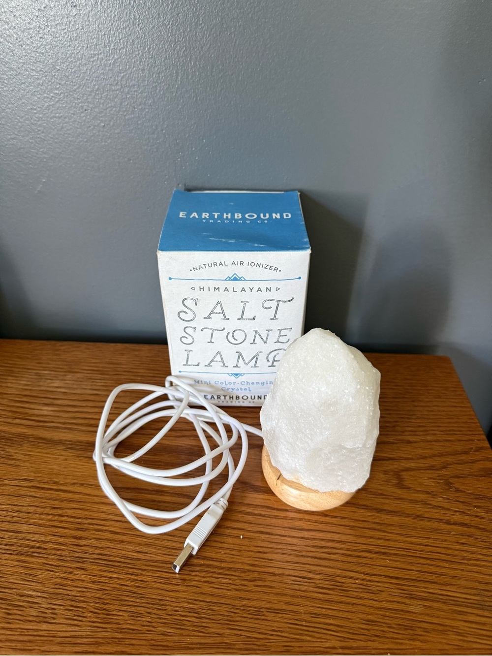 EARTHBOUND White Himalayan Salt Stone Lamp with Wooden Base and USB Cord